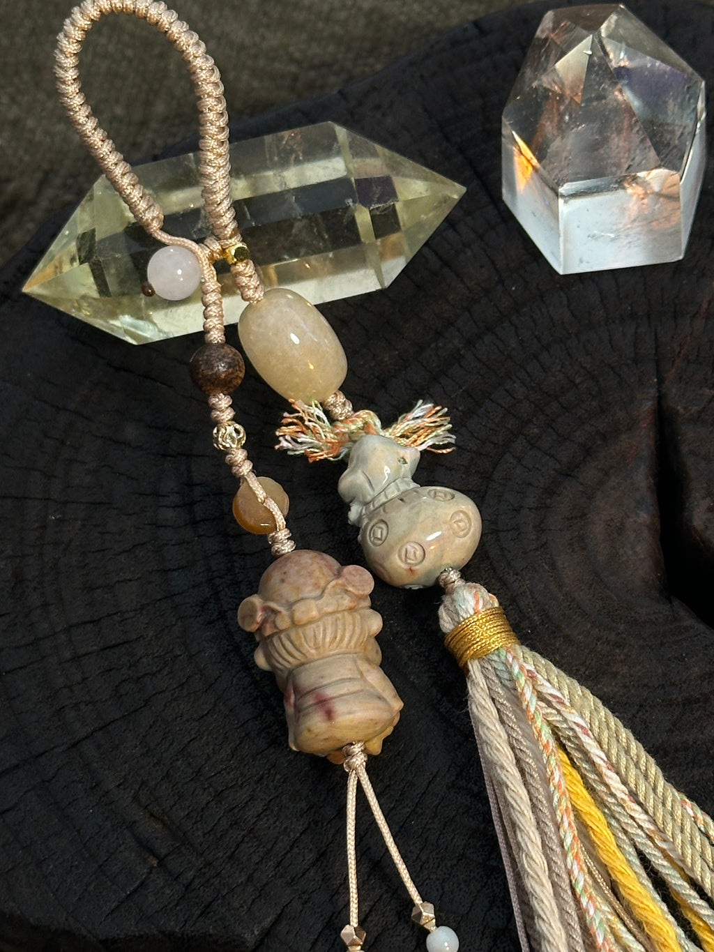 God of Wealth & Lucky Money Bag Charm | Natural Stone Tassel Bag Pendant