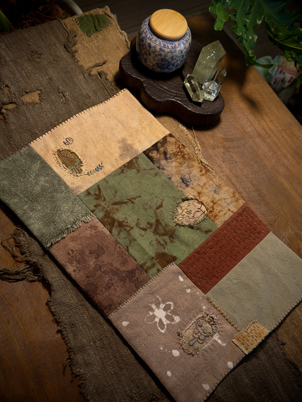 Hidden Cat Patchwork Tea Mat – Hand-Stitched Wabi-Sabi Chabu