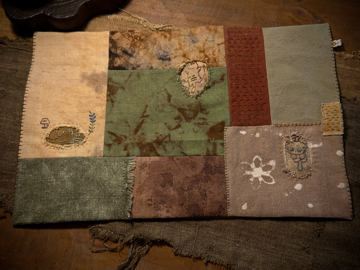 Hidden Cat Patchwork Tea Mat – Hand-Stitched Wabi-Sabi Chabu