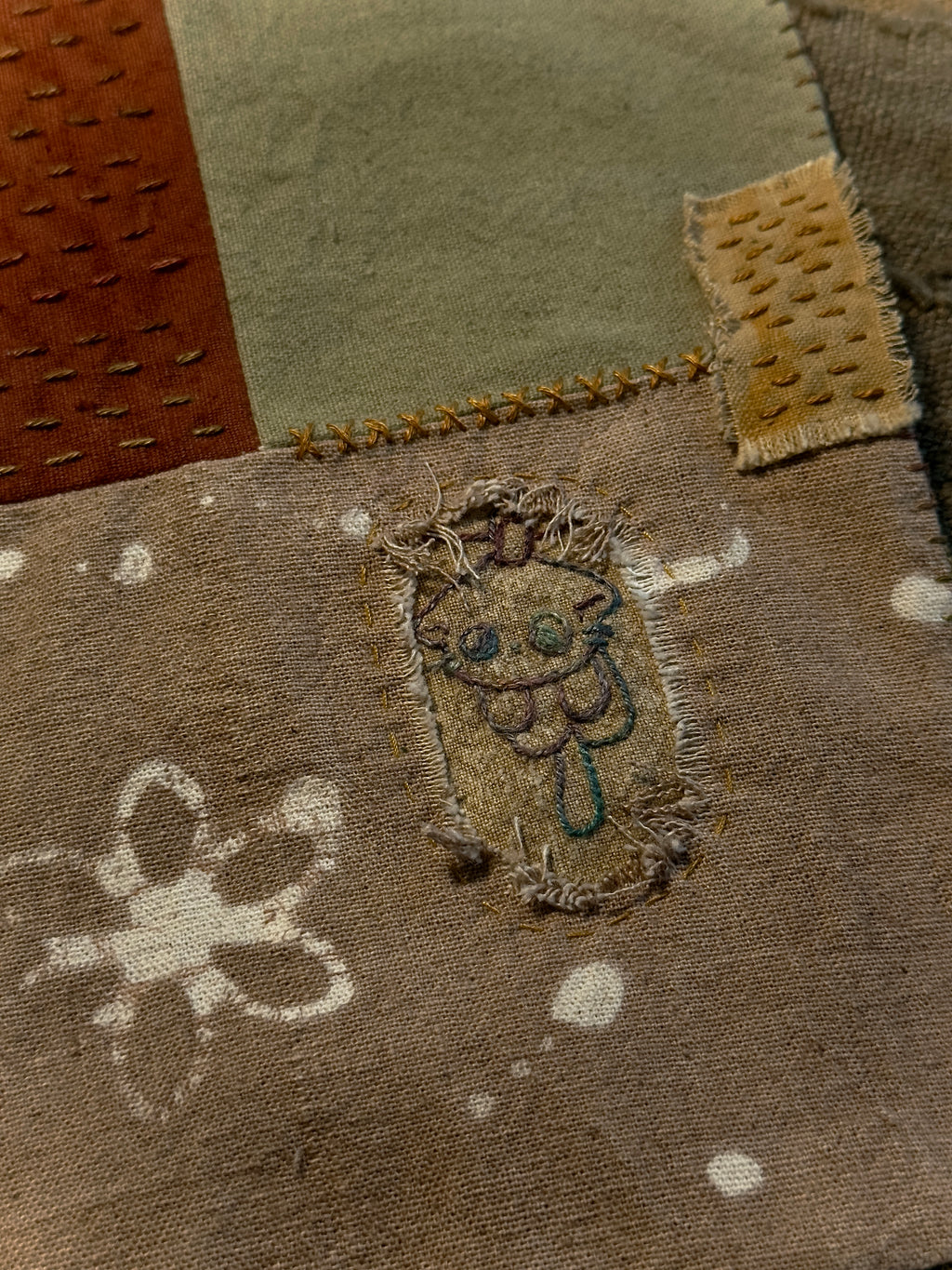 Hidden Cat Patchwork Tea Mat – Hand-Stitched Wabi-Sabi Chabu
