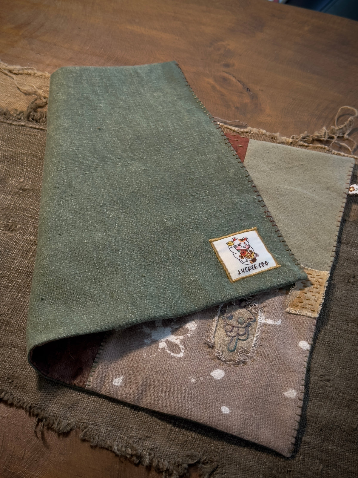 Hidden Cat Patchwork Tea Mat – Hand-Stitched Wabi-Sabi Chabu