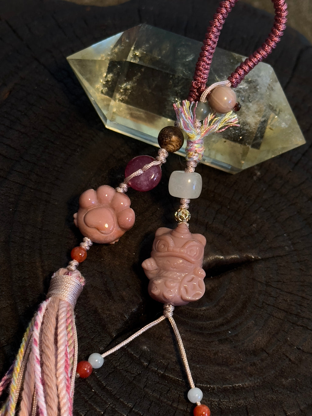 Maneki-neko & Lucky Paw Charm | Hand Knotted Natural Stone Tassel Pendant