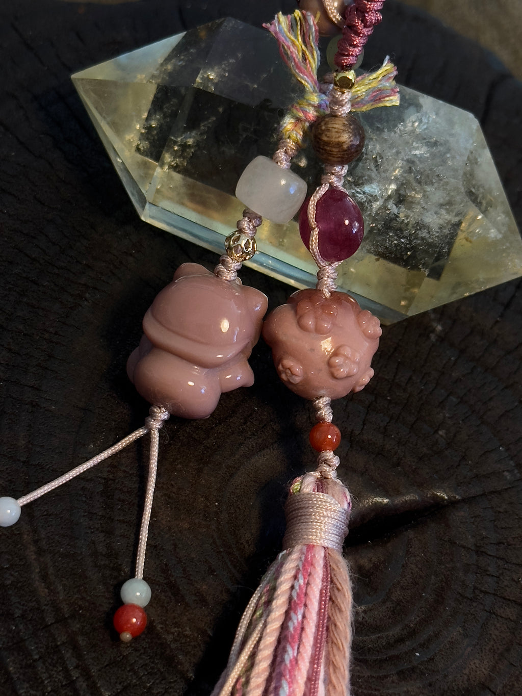 Maneki-neko & Lucky Paw Charm | Hand Knotted Natural Stone Tassel Pendant