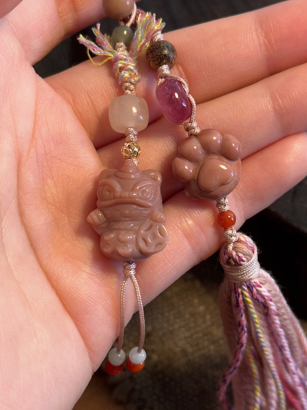 Maneki-neko & Lucky Paw Charm | Hand Knotted Natural Stone Tassel Pendant