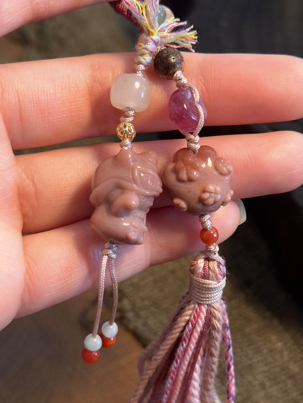 Maneki-neko & Lucky Paw Charm | Hand Knotted Natural Stone Tassel Pendant