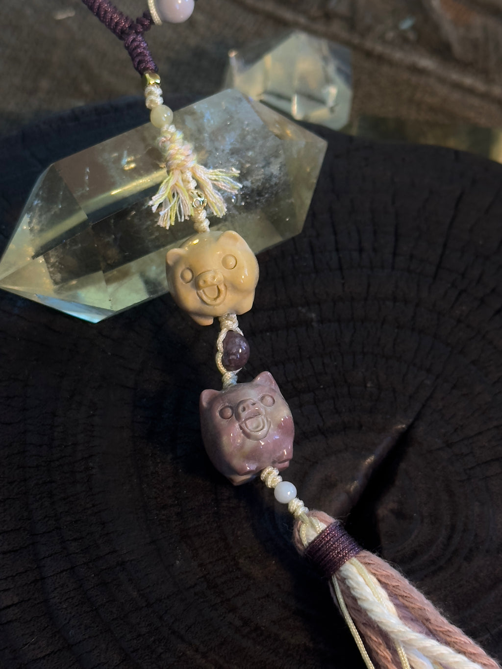 Alashan Agate Double Pig Bag Charm | Hand Knotted Tassel Pendant