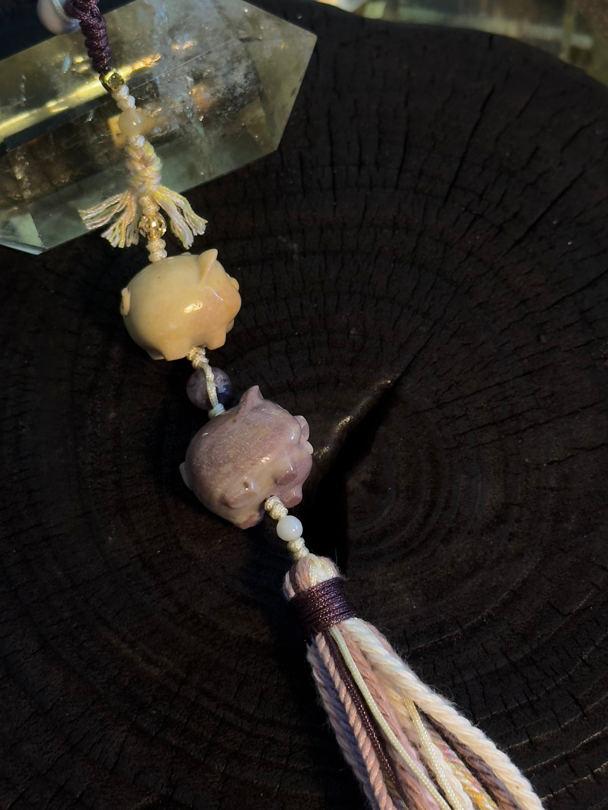 Alashan Agate Double Pig Bag Charm | Hand Knotted Tassel Pendant