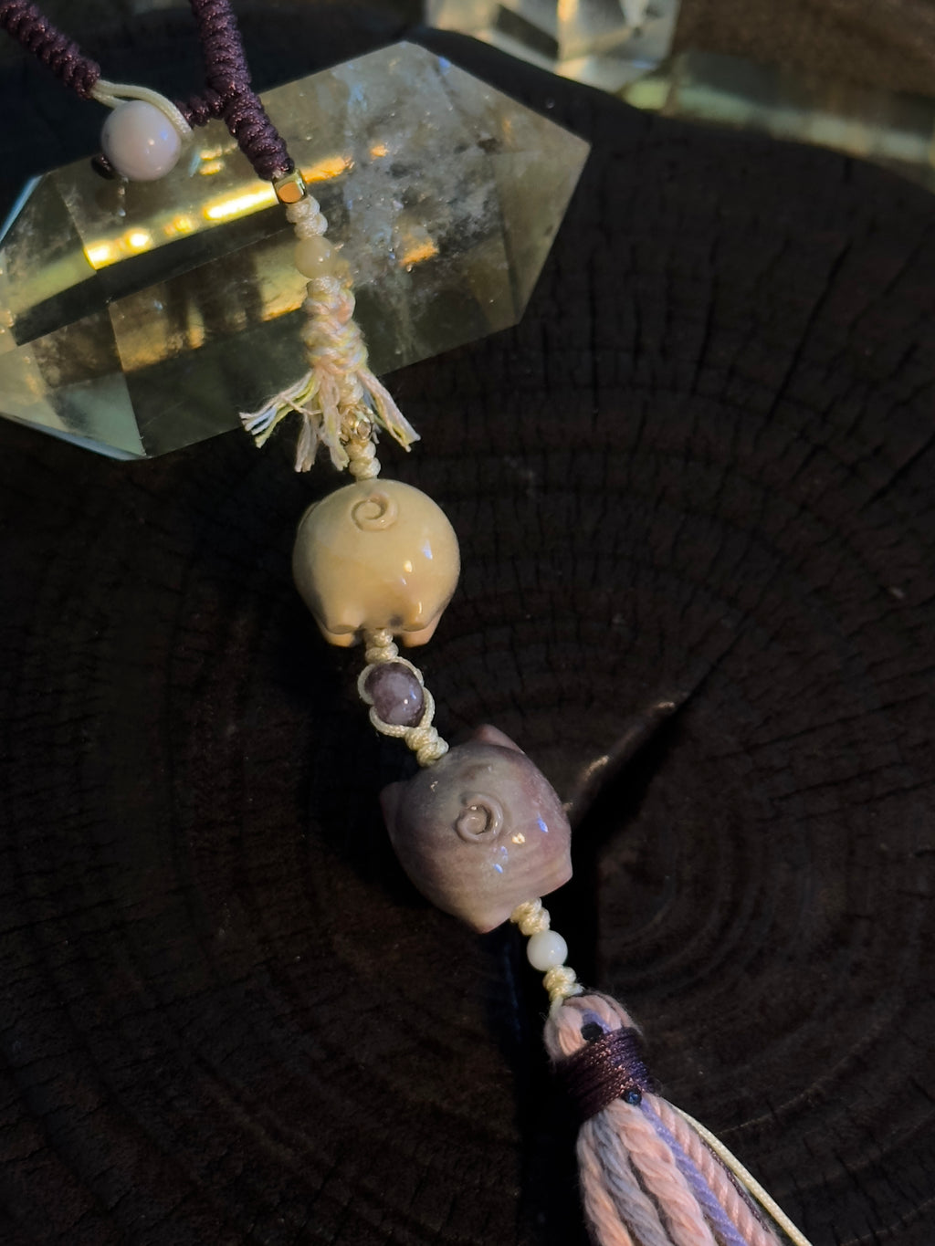 Alashan Agate Double Pig Bag Charm | Hand Knotted Tassel Pendant