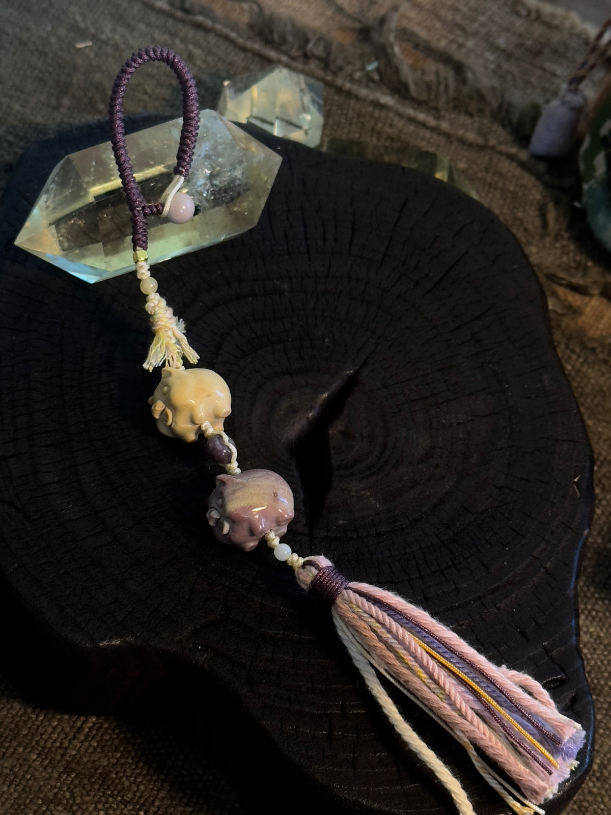 Alashan Agate Double Pig Bag Charm | Hand Knotted Tassel Pendant