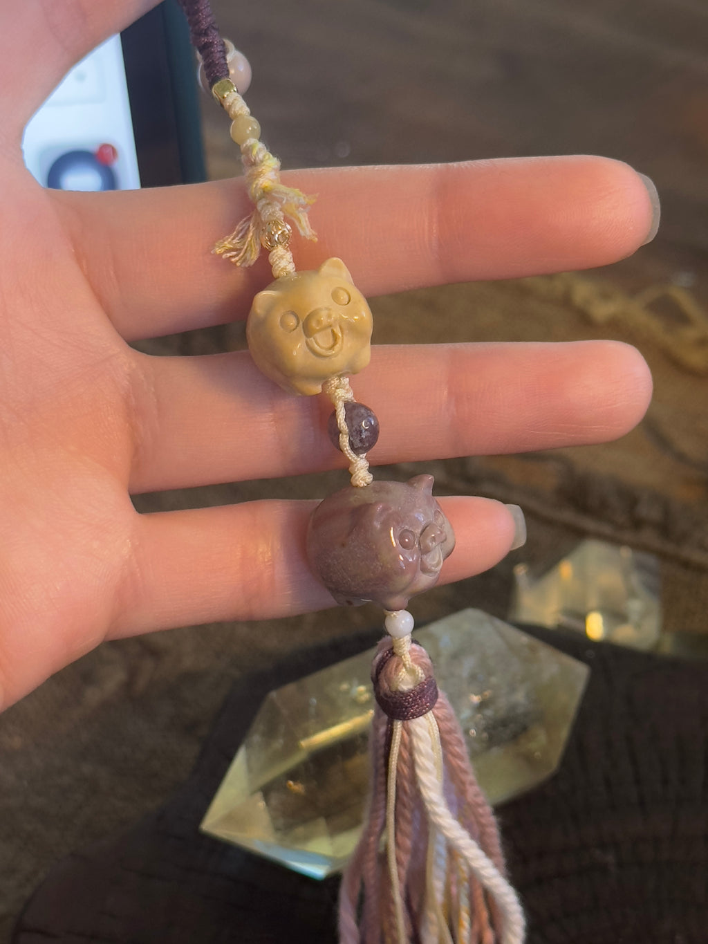 Alashan Agate Double Pig Bag Charm | Hand Knotted Tassel Pendant