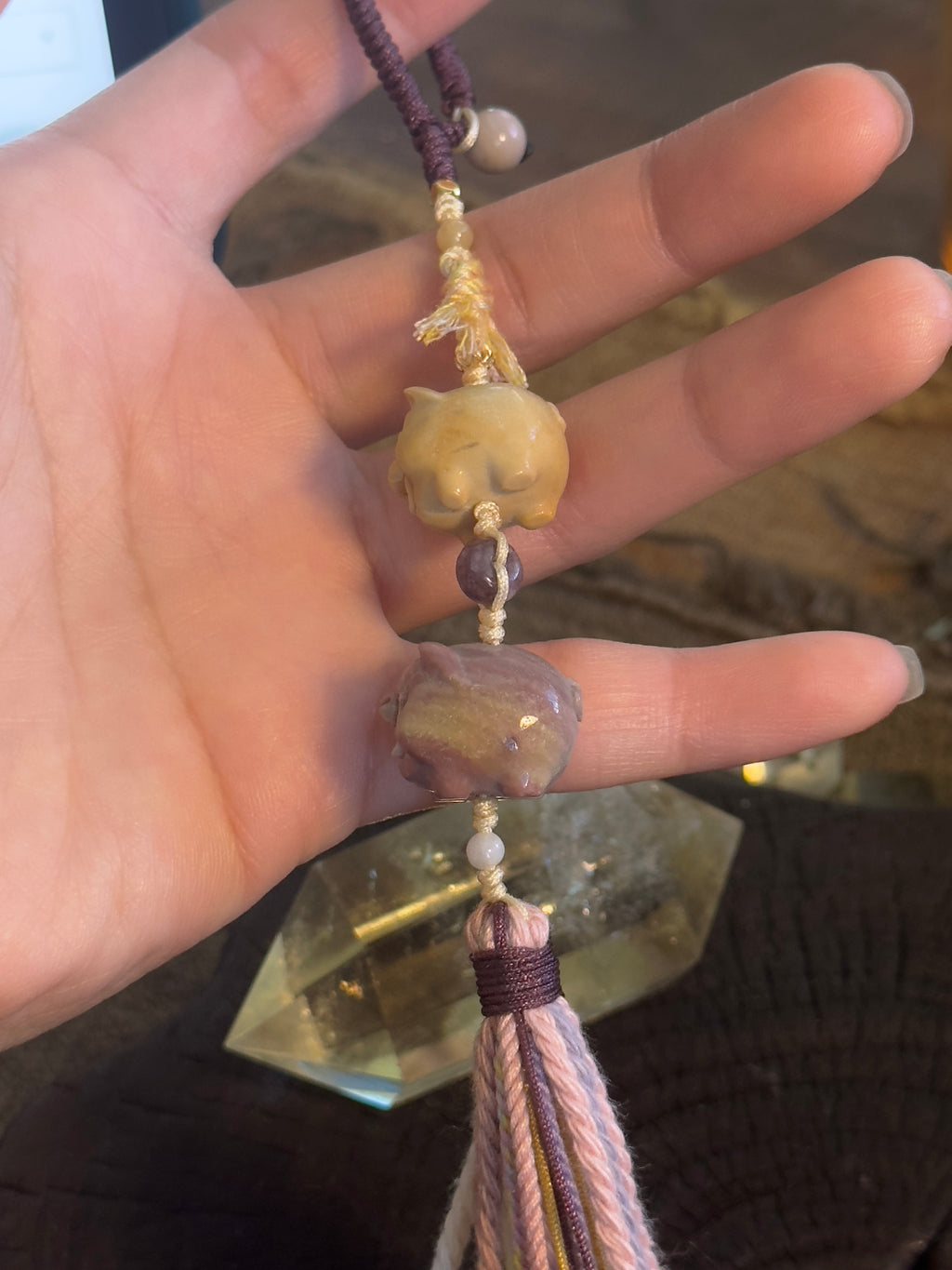 Alashan Agate Double Pig Bag Charm | Hand Knotted Tassel Pendant