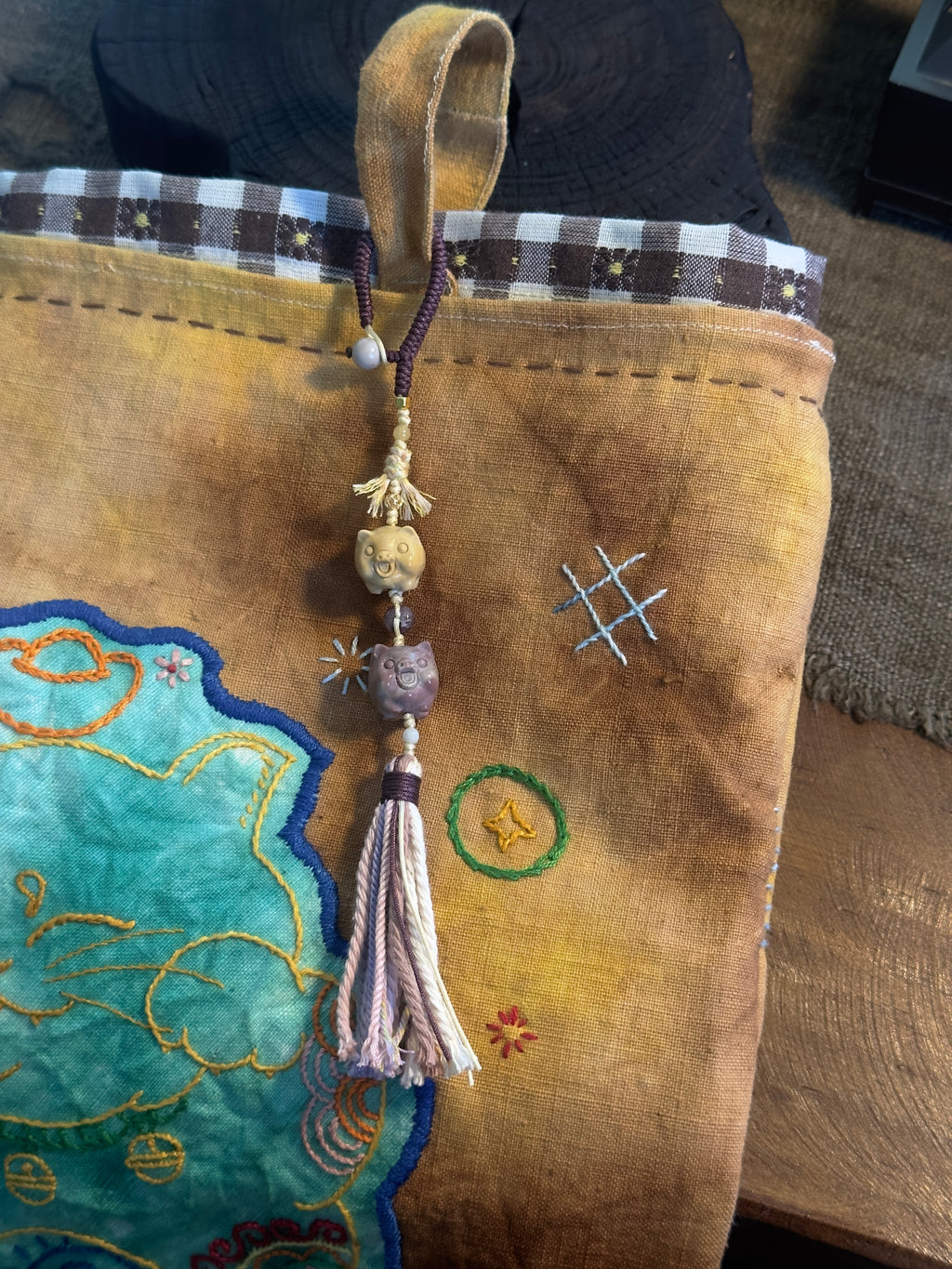 Alashan Agate Double Pig Bag Charm | Hand Knotted Tassel Pendant
