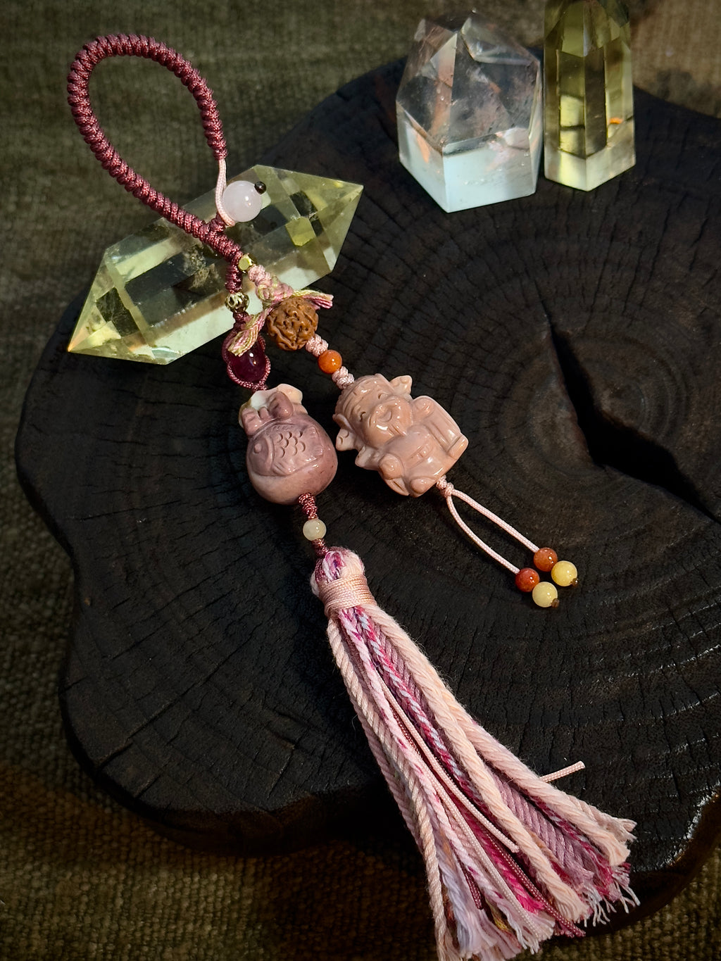 God of Wealth & Lucky Money Bag Charm | Natural Stone Fortune Tassel Pendant