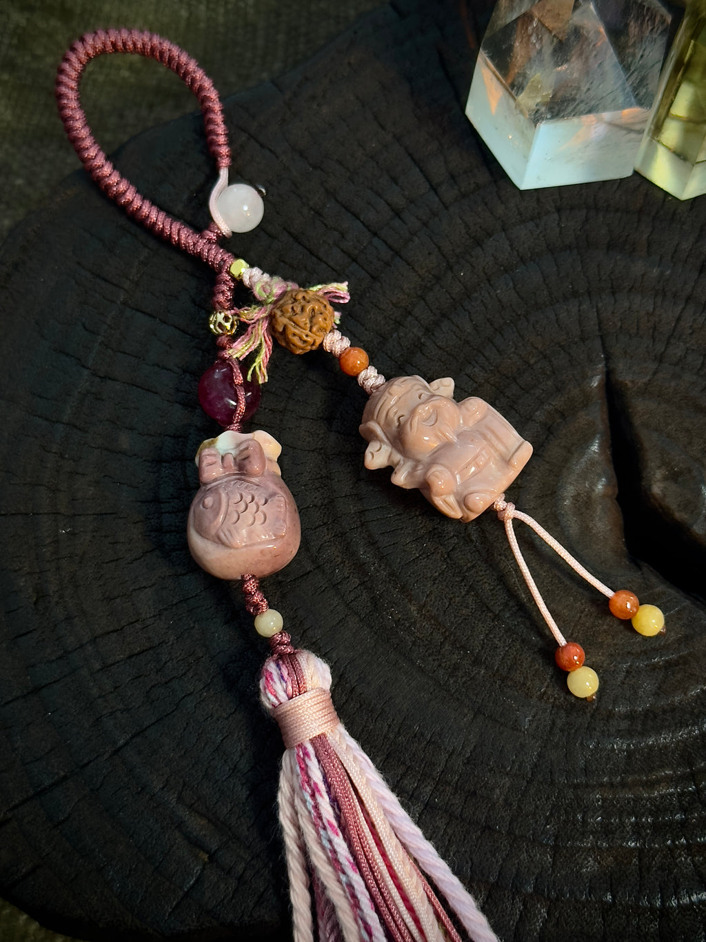 God of Wealth & Lucky Money Bag Charm | Natural Stone Fortune Tassel Pendant