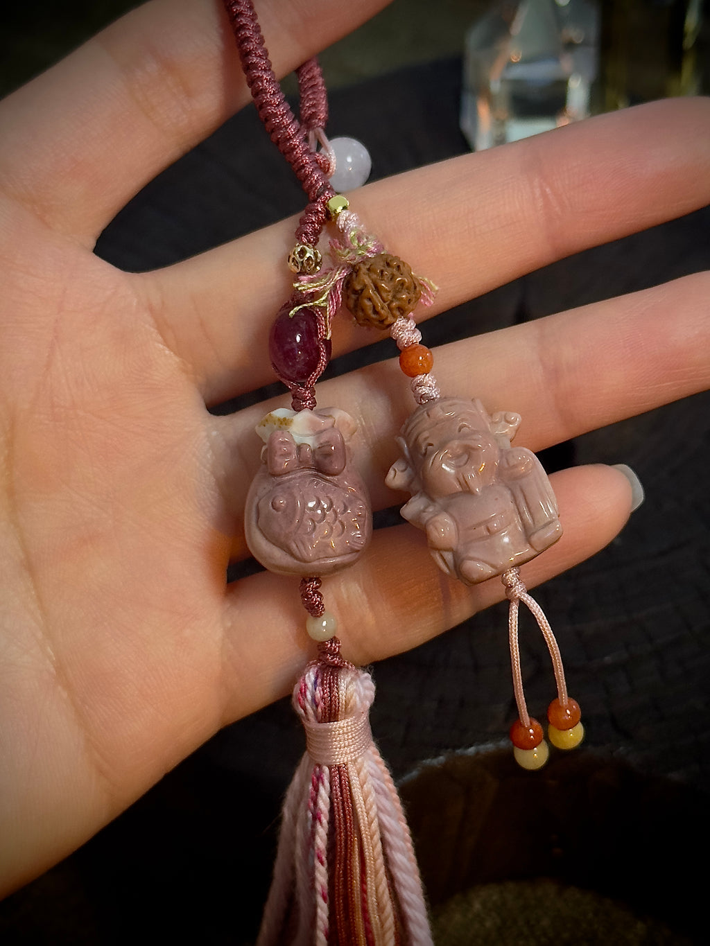 God of Wealth & Lucky Money Bag Charm | Natural Stone Fortune Tassel Pendant