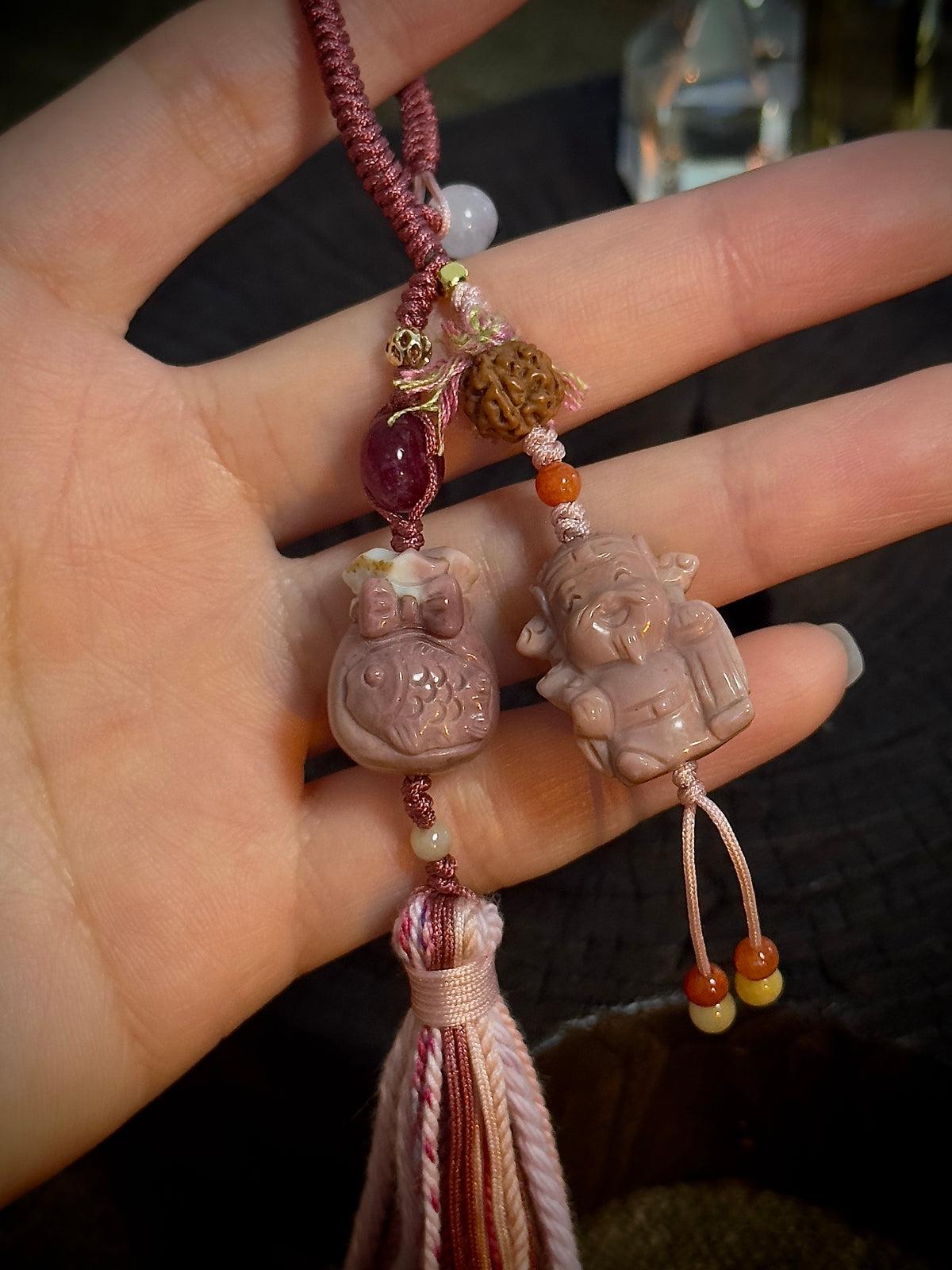 God of Wealth & Lucky Money Bag Charm | Natural Stone Fortune Tassel Pendant