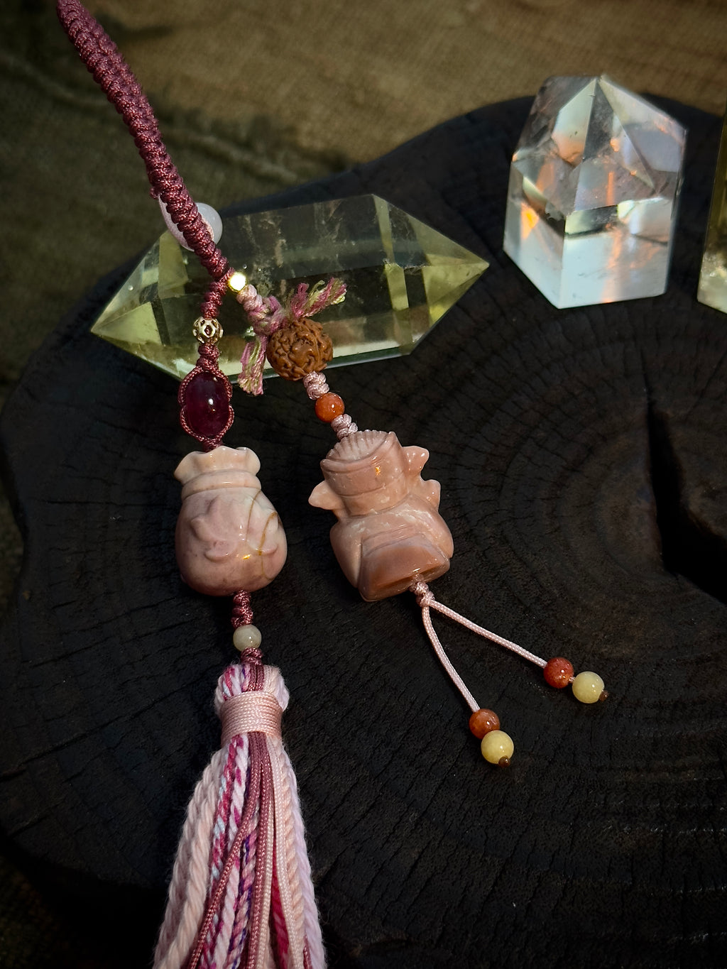 God of Wealth & Lucky Money Bag Charm | Natural Stone Fortune Tassel Pendant