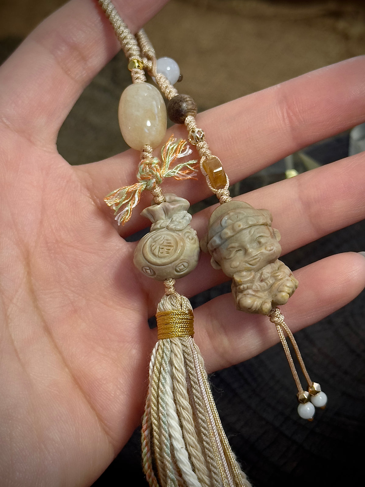 God of Wealth & Fortune Bag Charm | Natural Stone Hand-Knotted Tassel Pendant