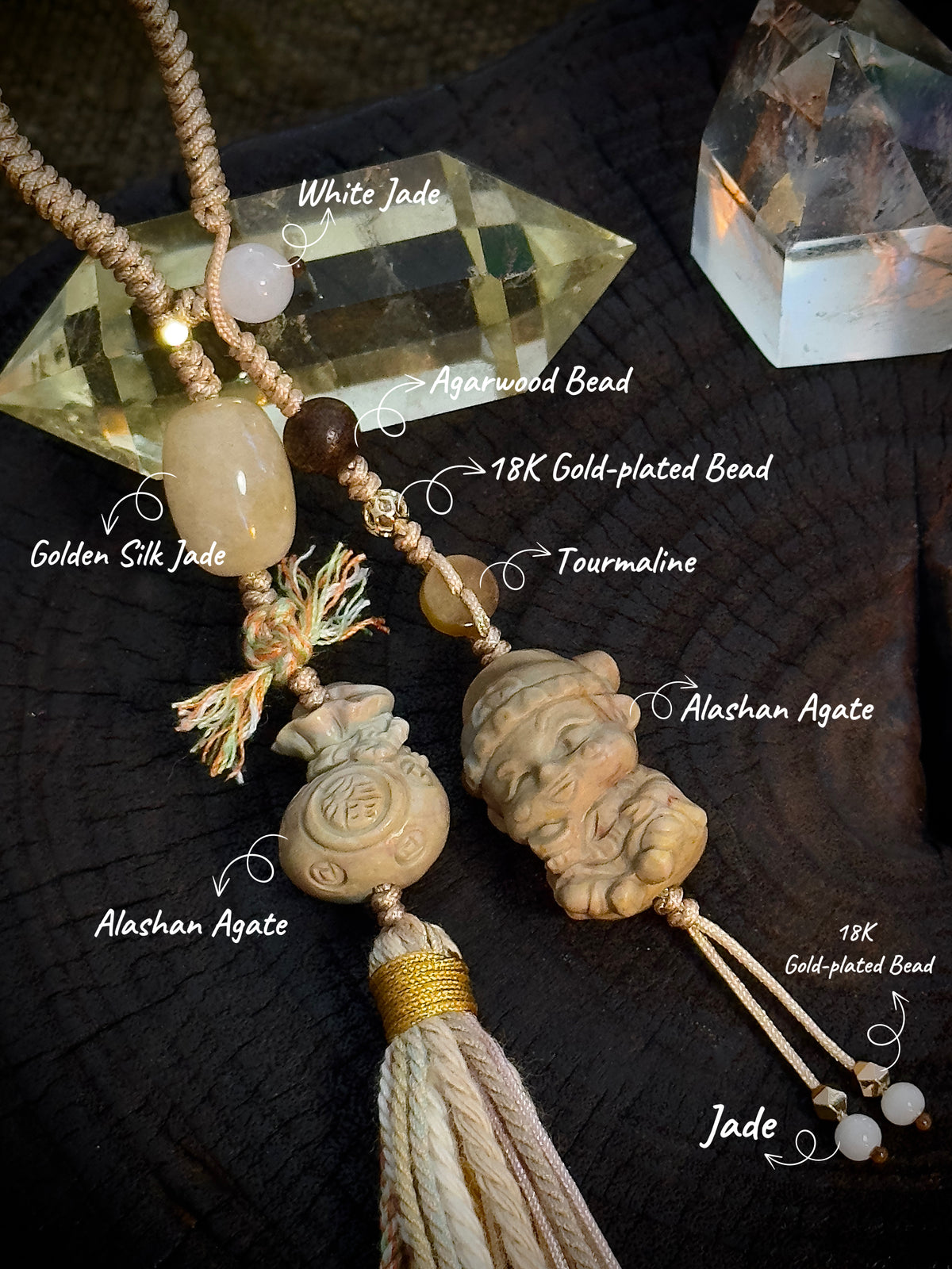 God of Wealth & Fortune Bag Charm | Natural Stone Hand-Knotted Tassel Pendant