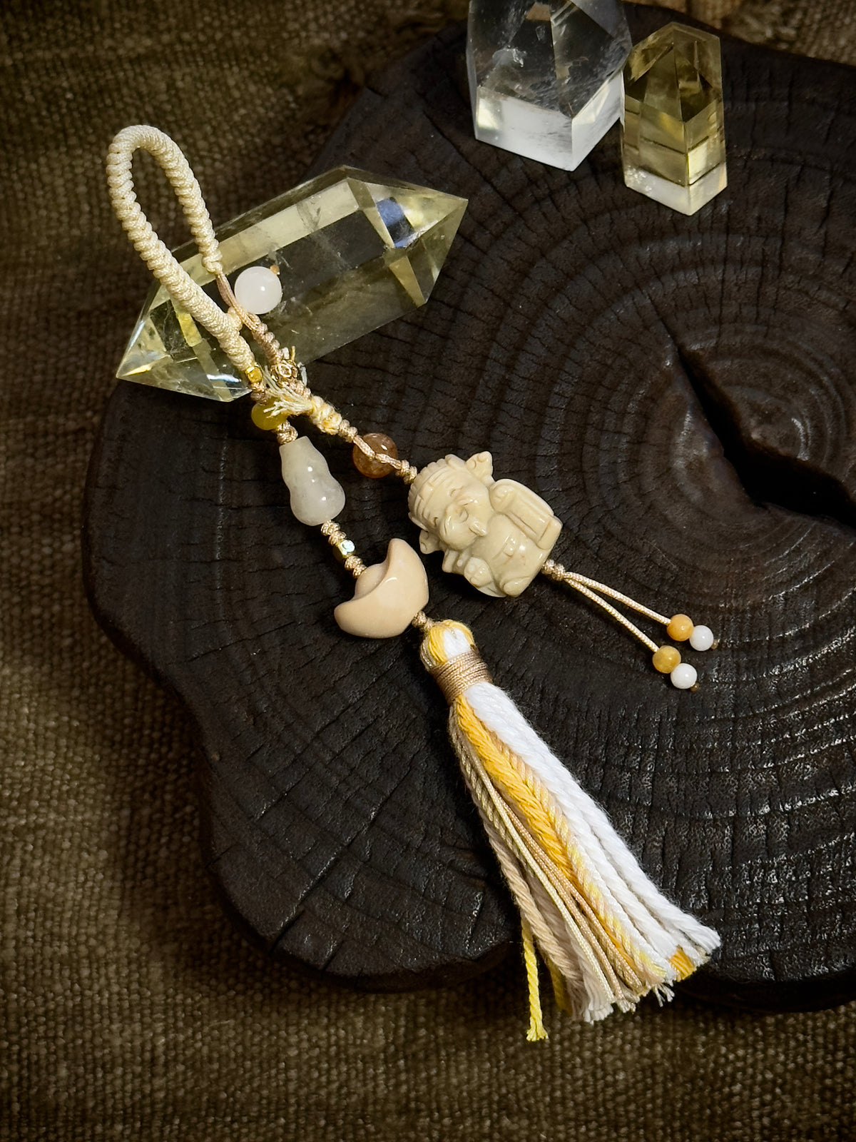 God of Wealth & Gold Ingot Charm | Hand Knotted Natural Stone Tassel Pendant