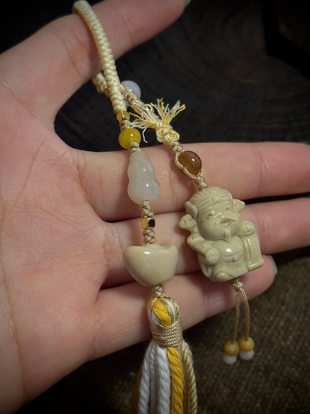 God of Wealth & Gold Ingot Charm | Hand Knotted Natural Stone Tassel Pendant