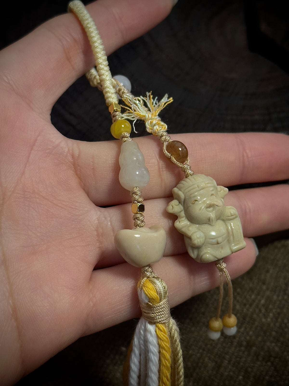 God of Wealth & Gold Ingot Charm | Hand Knotted Natural Stone Tassel Pendant