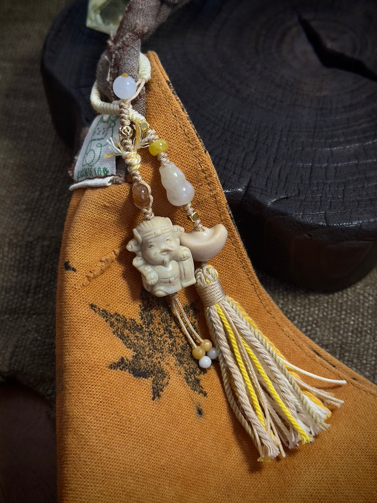 God of Wealth & Gold Ingot Charm | Hand Knotted Natural Stone Tassel Pendant