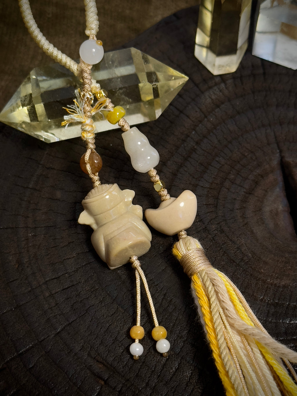 God of Wealth & Gold Ingot Charm | Hand Knotted Natural Stone Tassel Pendant