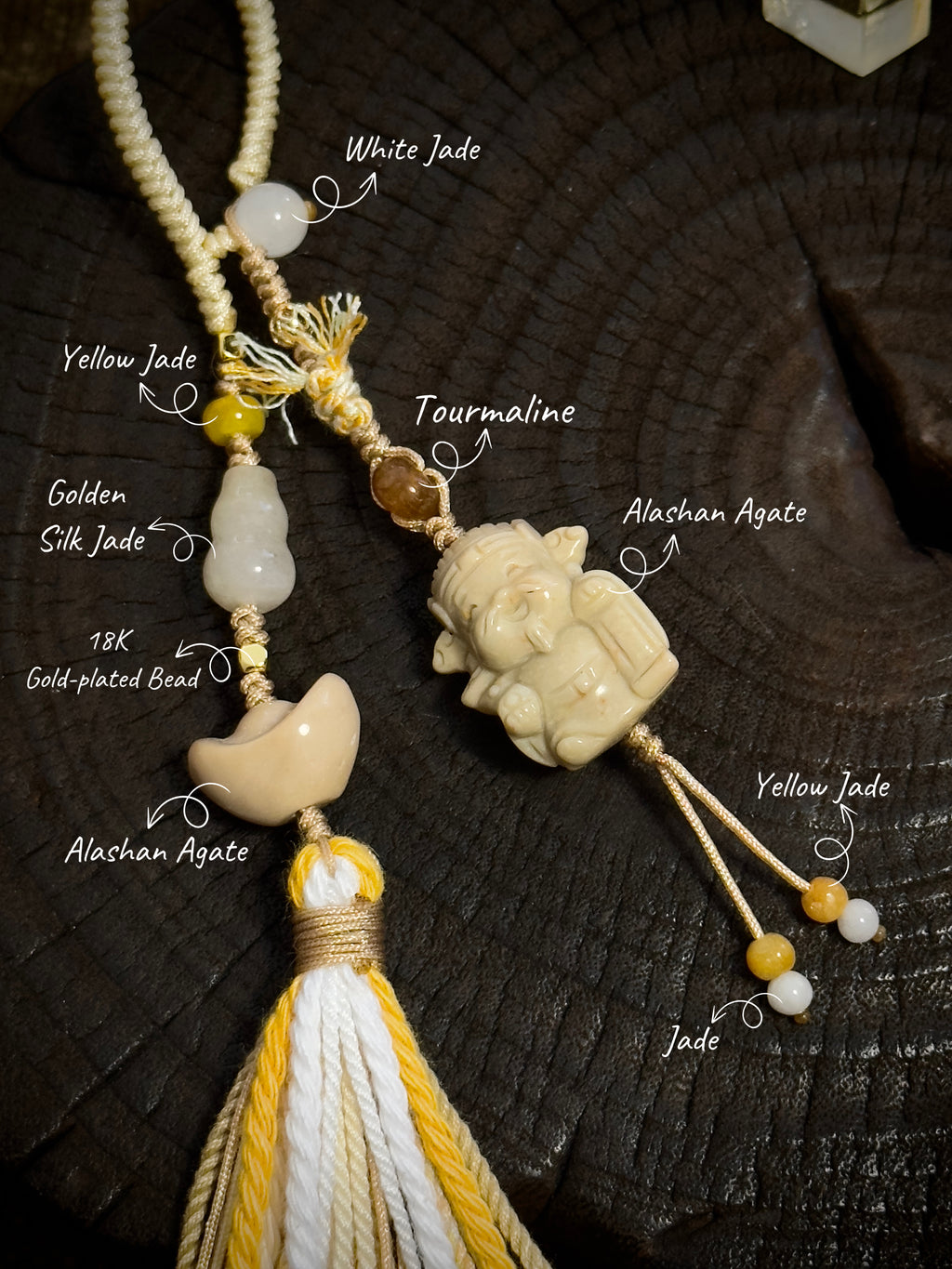 God of Wealth & Gold Ingot Charm | Hand Knotted Natural Stone Tassel Pendant