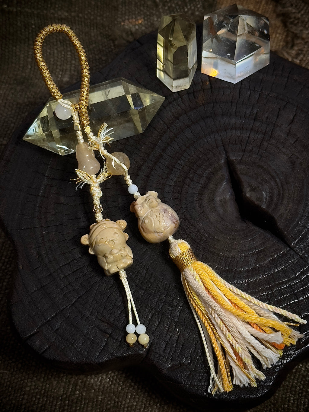 God of Wealth & Lucky Money Bag Charm | Natural Stone Tassel Bag Pendant