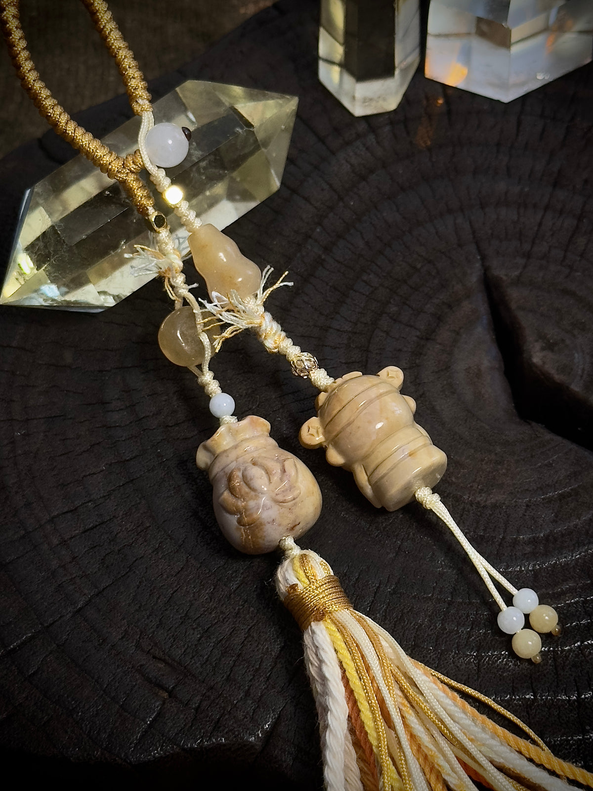 God of Wealth & Lucky Money Bag Charm | Natural Stone Tassel Bag Pendant