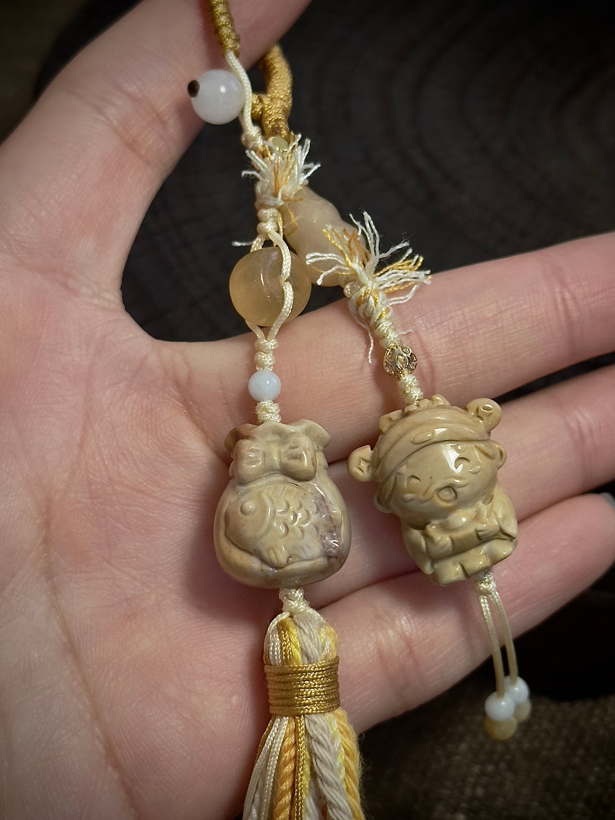 God of Wealth & Lucky Money Bag Charm | Natural Stone Tassel Bag Pendant