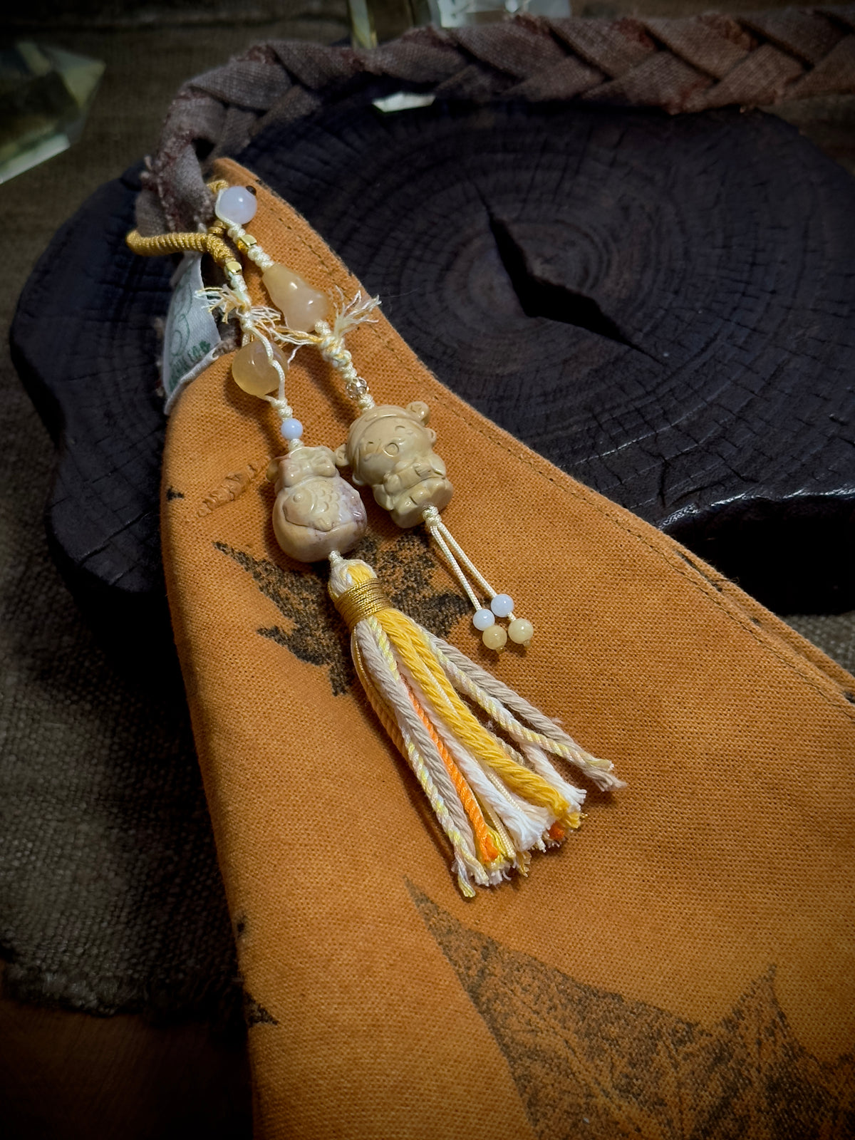 God of Wealth & Lucky Money Bag Charm | Natural Stone Tassel Bag Pendant