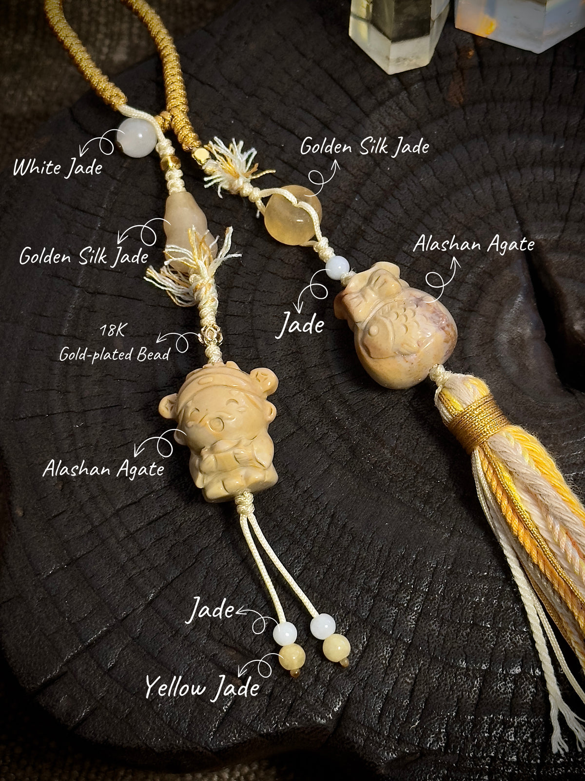 God of Wealth & Lucky Money Bag Charm | Natural Stone Tassel Bag Pendant