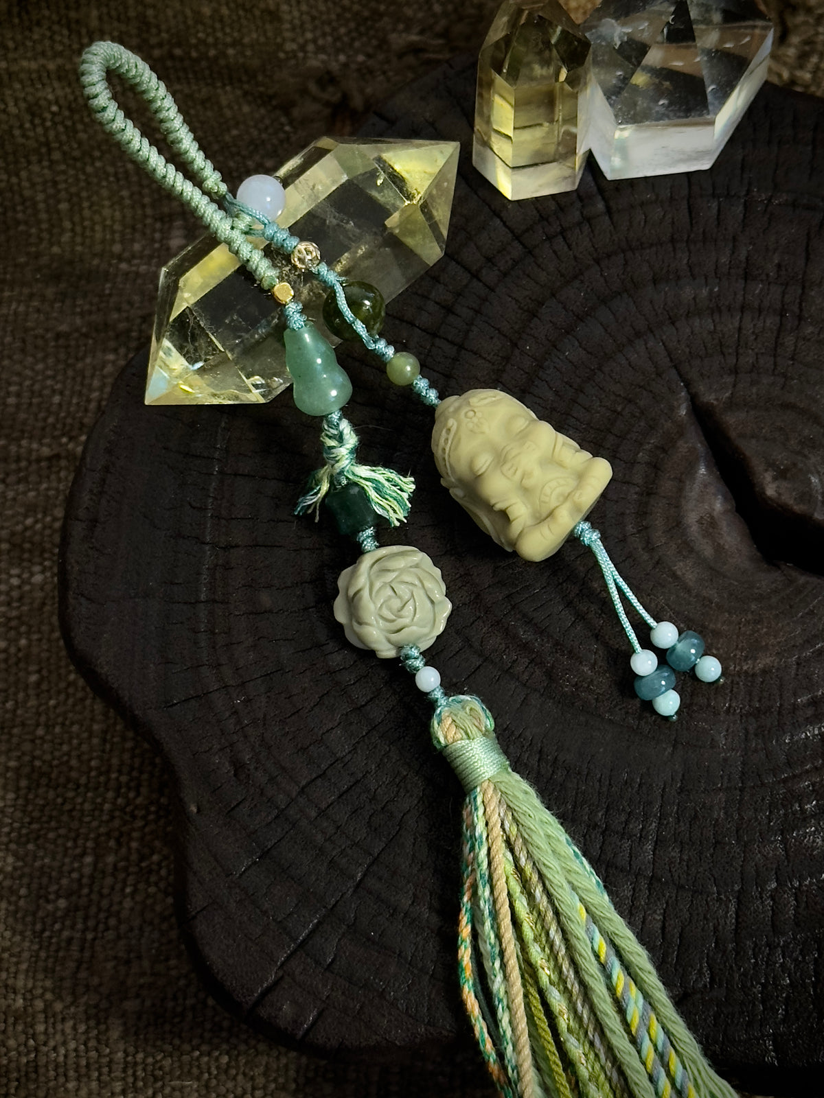 Alashan Agate Baby Ganesha & Lotus Bag Charm | Hand Knotted Tassel Pendant