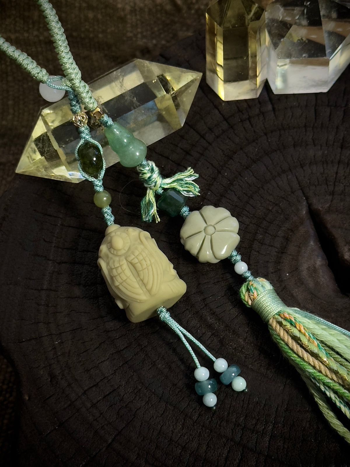 Alashan Agate Baby Ganesha & Lotus Bag Charm | Hand Knotted Tassel Pendant
