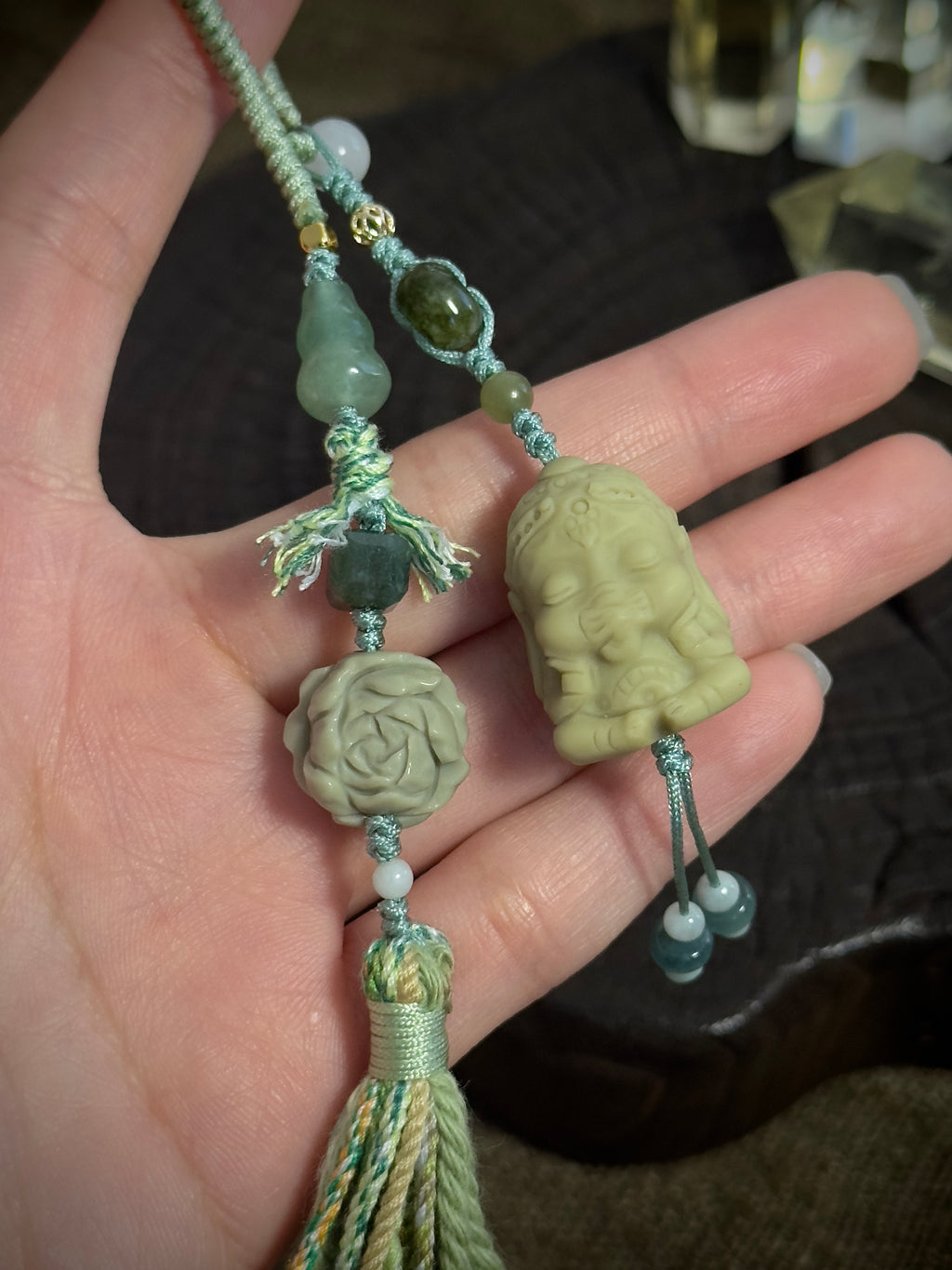 Alashan Agate Baby Ganesha & Lotus Bag Charm | Hand Knotted Tassel Pendant
