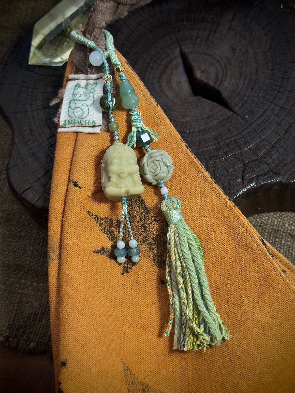 Alashan Agate Baby Ganesha & Lotus Bag Charm | Hand Knotted Tassel Pendant