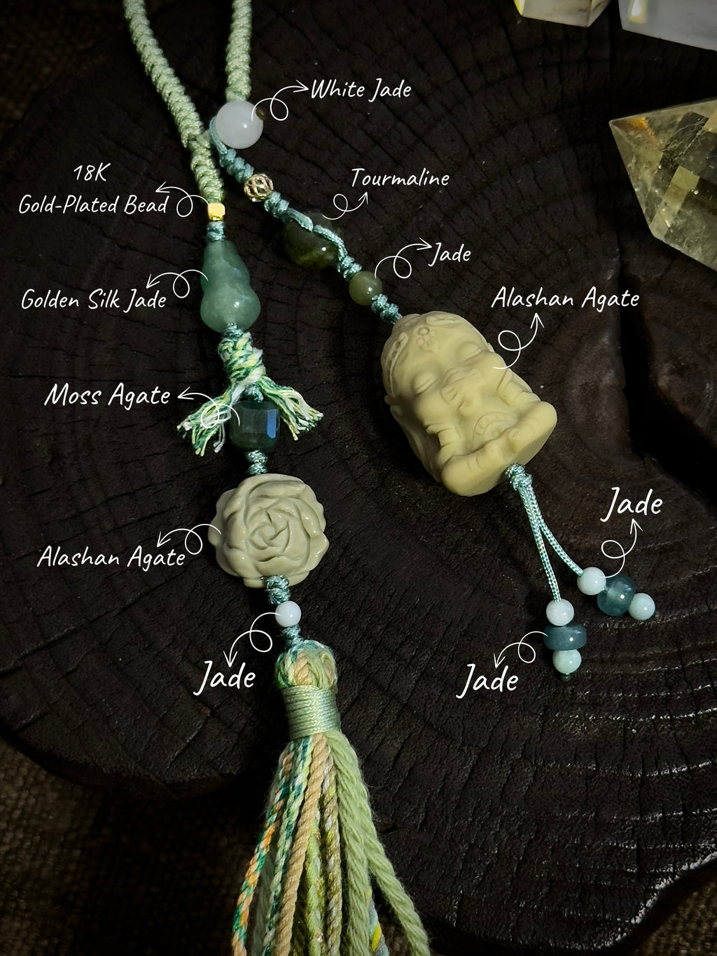 Alashan Agate Baby Ganesha & Lotus Bag Charm | Hand Knotted Tassel Pendant