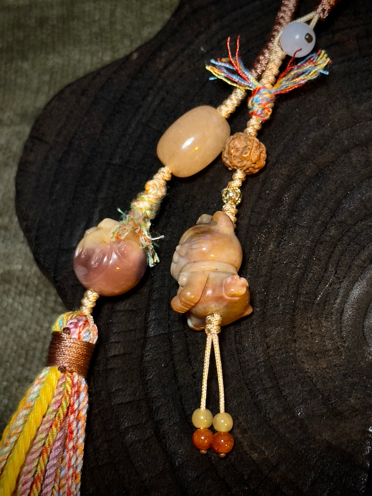 Alashan Agate Lucky Cat & Treasure Charm | Hand Knotted Tassel Pendant