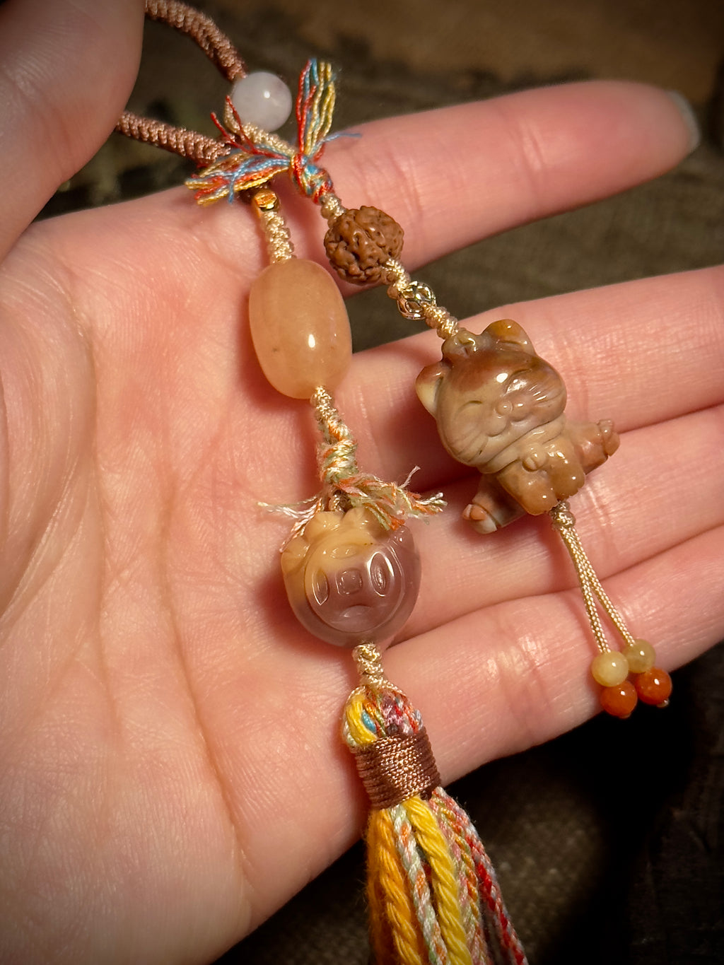 Alashan Agate Lucky Cat & Treasure Charm | Hand Knotted Tassel Pendant