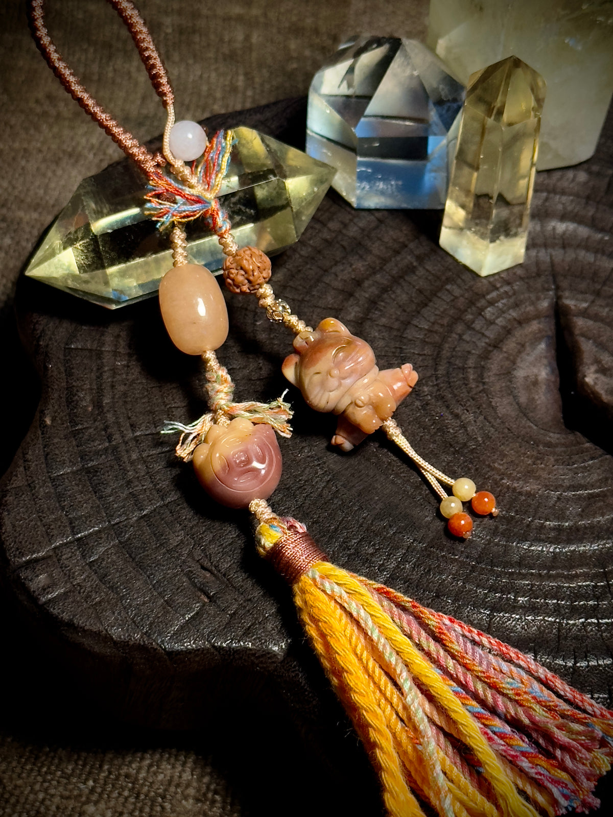 Alashan Agate Lucky Cat & Treasure Charm | Hand Knotted Tassel Pendant