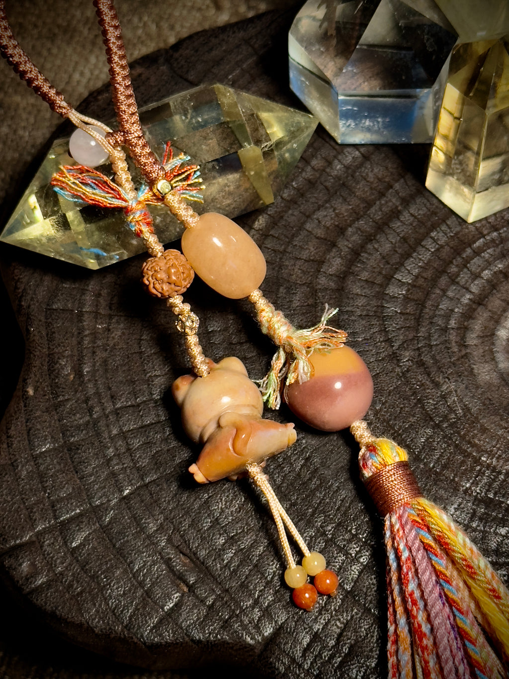 Alashan Agate Lucky Cat & Treasure Charm | Hand Knotted Tassel Pendant