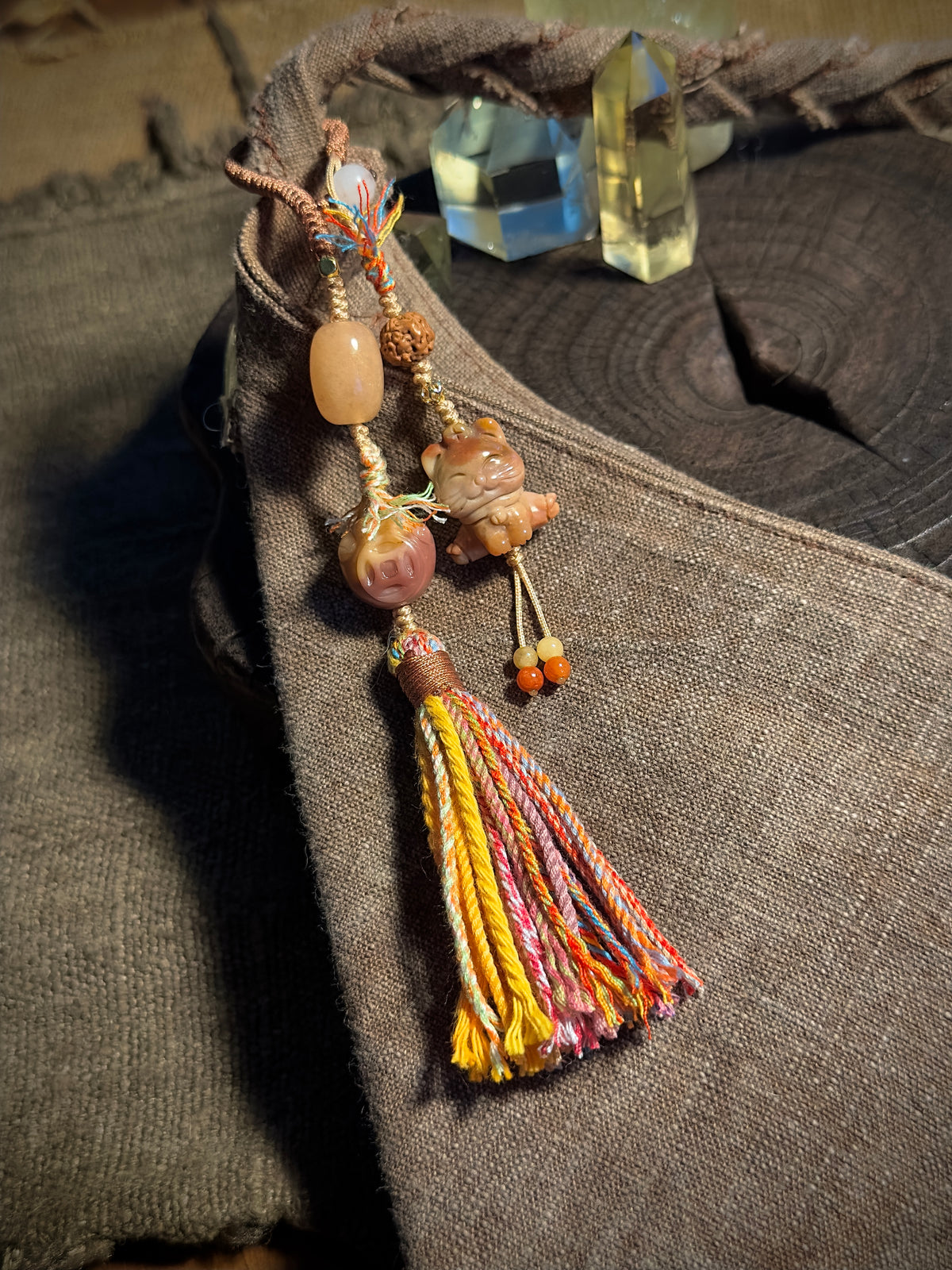 Alashan Agate Lucky Cat & Treasure Charm | Hand Knotted Tassel Pendant