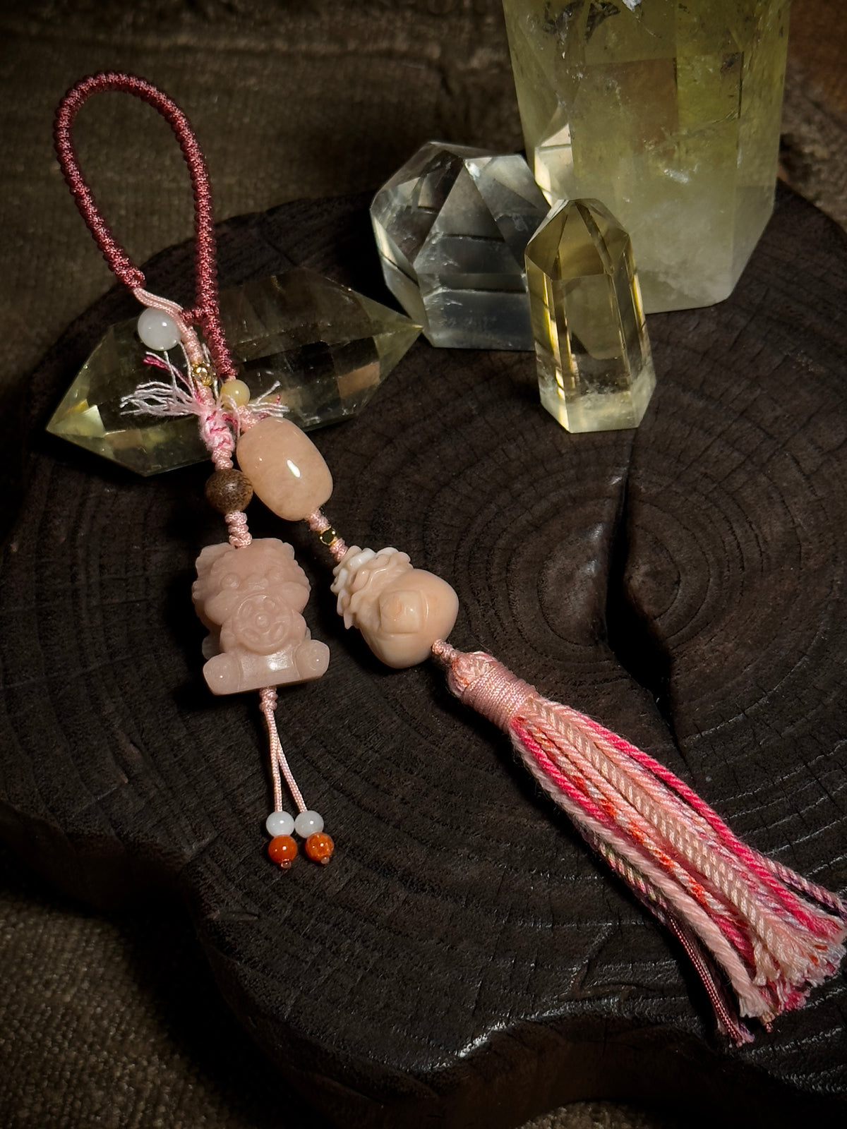 Pink Pixiu & Money Bag Lucky Charm | Hand Knotted Gemstone Tassel Pendant
