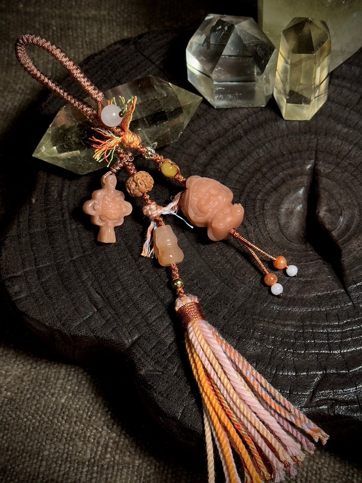 Dragon Girl & Gourd Alashan Agate Charm | Hand Knotted Gemstone Tassel Pendant