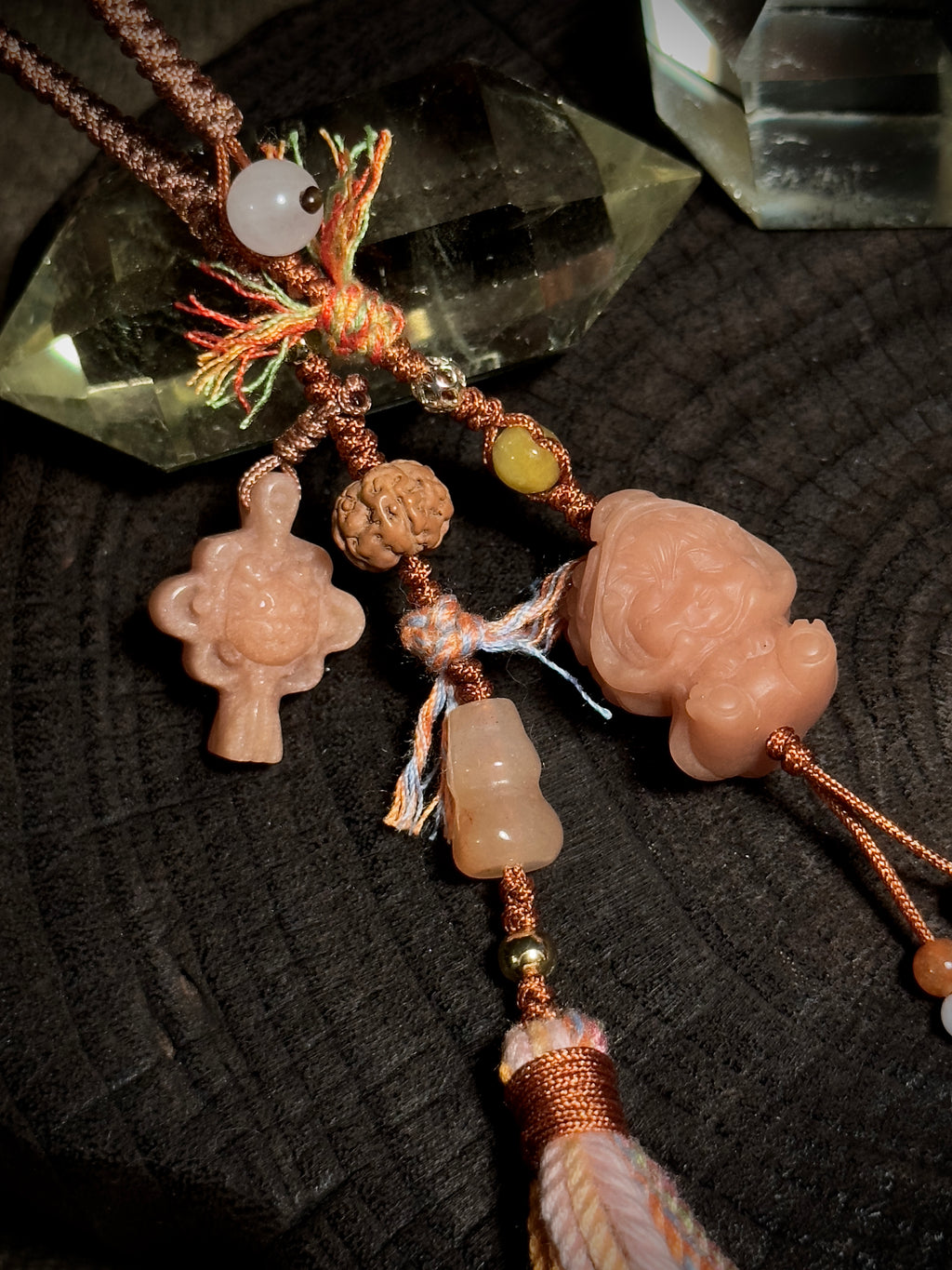 Dragon Girl & Gourd Alashan Agate Charm | Hand Knotted Gemstone Tassel Pendant