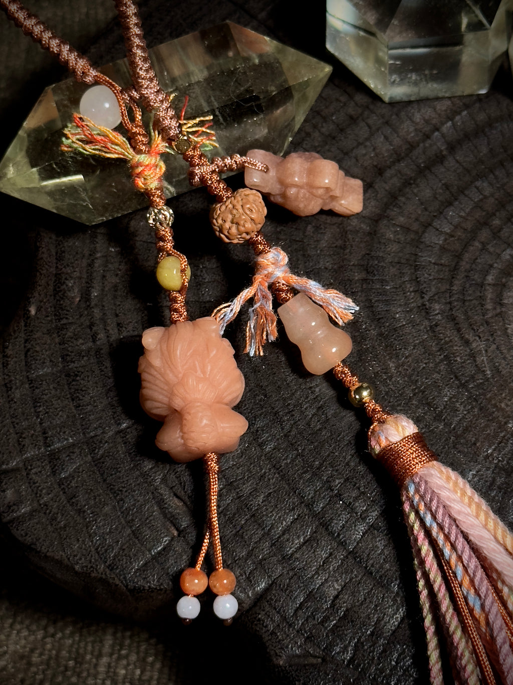 Dragon Girl & Gourd Alashan Agate Charm | Hand Knotted Gemstone Tassel Pendant