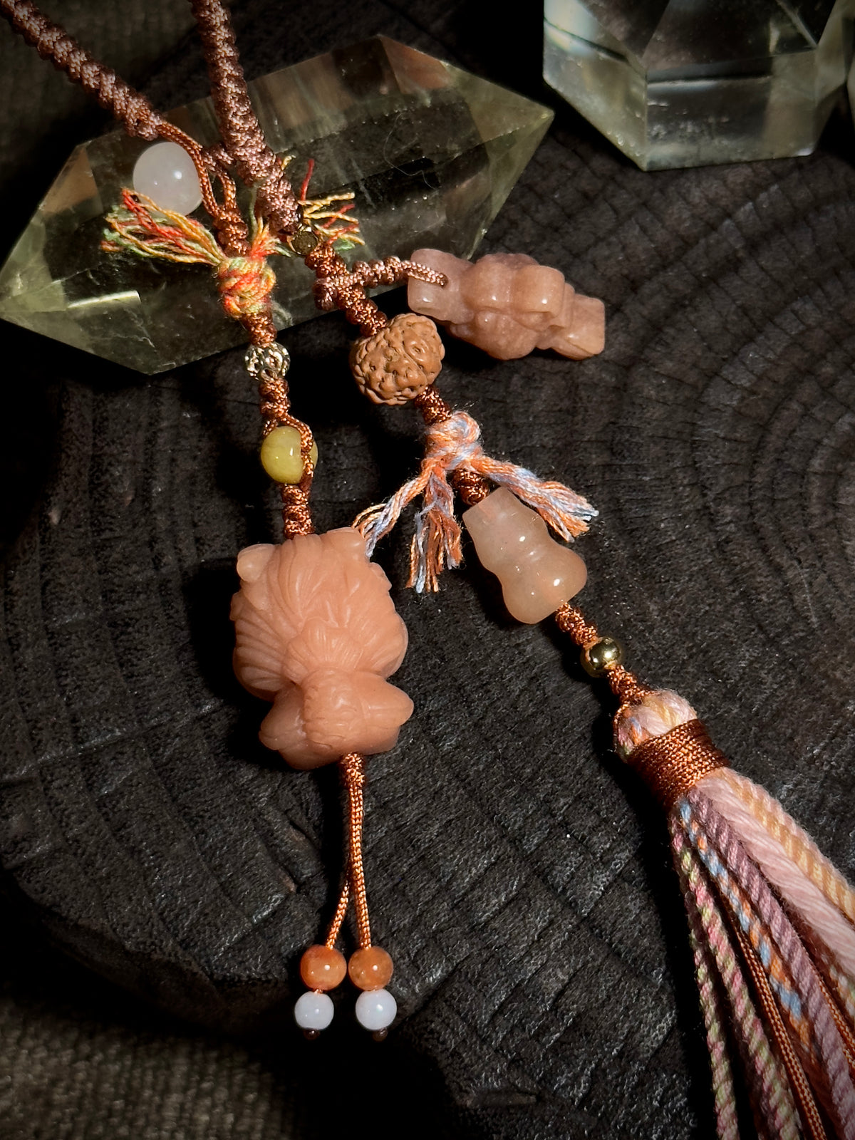 Dragon Girl & Gourd Alashan Agate Charm | Hand Knotted Gemstone Tassel Pendant