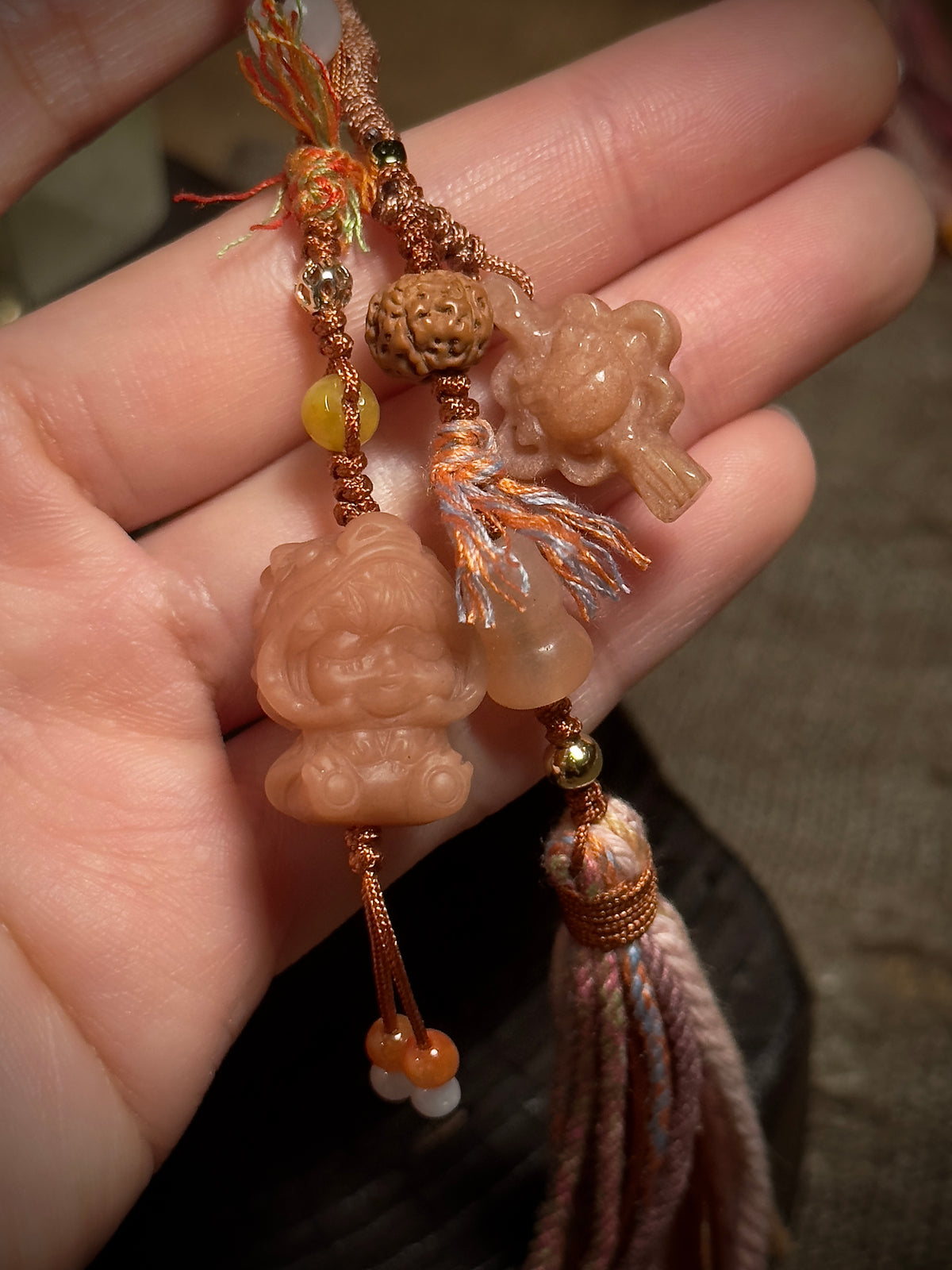 Dragon Girl & Gourd Alashan Agate Charm | Hand Knotted Gemstone Tassel Pendant